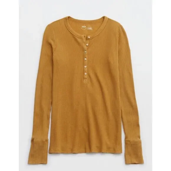 Aerie Wow! Waffle Long Sleeve Henley T-Shirt, Honey, Size S - Picture 4 of 11